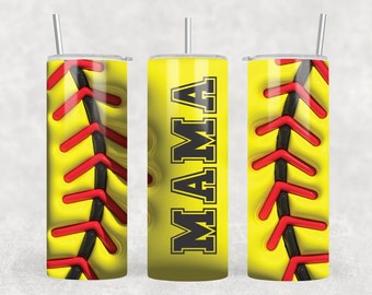 Custom Tumbler - Softball Tumbler - Customized Tumbler -  3D Puff  - 20 oz. Tumbler - Personalized Tumbler - Yellow Ball - Red Laces