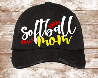 Softball Mom Hat - Softball Hat - Printed Hat - Embroidered Hat -  Distressed Ladies Hat -Distressed Hat - Weathered Hat - Baseball Cap