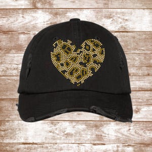 Leopard Print Heart Bling Hat - Baseball Bling Hat -  Distressed Ladies Hat -Distressed Hat - Weathered Hat - Leopard Print - Spots - Bling