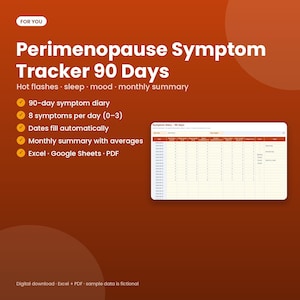 Könnte beinhalten: Eine digitale Vorlage für einen 90-Tage-Perimenopausen-Symptom-Tracker auf rostfarbenem Hintergrund. Er enthält ein 90-Tage-Tagebuch, 8 Symptome pro Tag, automatische Datumsangaben, monatliche Zusammenfassungen sowie Excel-, Google Sheets- und PDF-Formate.