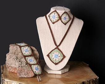 PDF Crochet Pattern - Flower Square Motif Jewelry Set