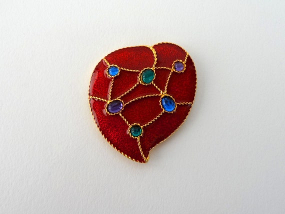 Beautiful Gold Tone and Red Foil Enamel Heart Sha… - image 1