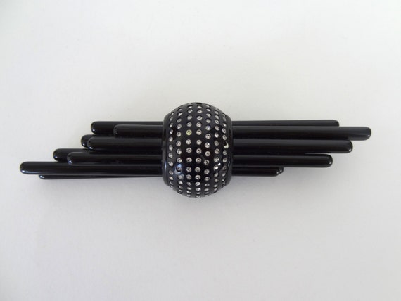 Big Art Deco Inspired Black Lucite and Rhinestone… - image 1