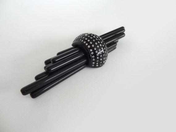 Big Art Deco Inspired Black Lucite and Rhinestone… - image 3