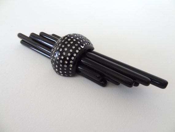 Big Art Deco Inspired Black Lucite and Rhinestone… - image 2