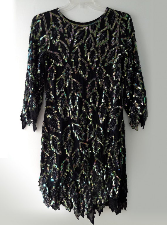 Dazzling 1980s Glam Sequined Leaves Black Silk Chi