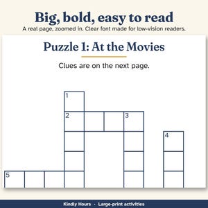 Large Print Classic Movies Crossword Puzzles for Seniors, 20 Printable Old Hollywood Crosswords, Memory Care, Assisted Living, PDF image 2