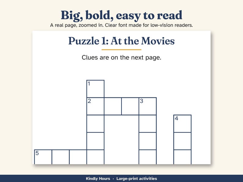 Large Print Classic Movies Crossword Puzzles for Seniors, 20 Printable Old Hollywood Crosswords, Memory Care, Assisted Living, PDF image 2