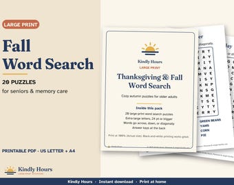 Woordzoekpuzzel met grote letters voor senioren, 20 Thanksgiving-puzzels, printbare herfstactiviteit, dementiezorg, begeleid wonen, PDF