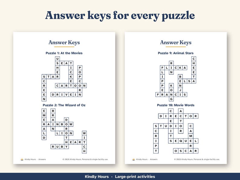 Large Print Classic Movies Crossword Puzzles for Seniors, 20 Printable Old Hollywood Crosswords, Memory Care, Assisted Living, PDF image 4