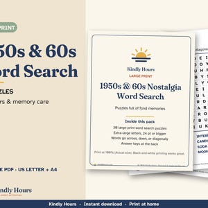 Large Print 1950s 60s Nostalgia Word Search for Seniors, 30 Printable Puzzles, Memory Care, Reminiscence Activity, Assisted Living image 1