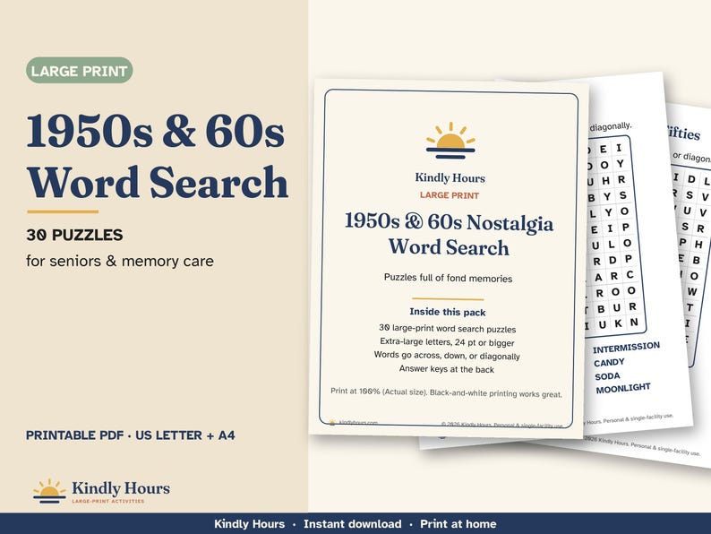 Large Print 1950s 60s Nostalgia Word Search for Seniors, 30 Printable Puzzles, Memory Care, Reminiscence Activity, Assisted Living image 1