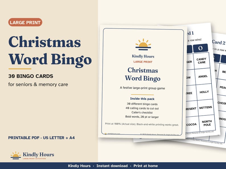 Large Print Christmas Bingo for Seniors, 30 Printable Word Bingo Cards, Holiday Party Game, Memory Care Activity, Assisted Living image 1