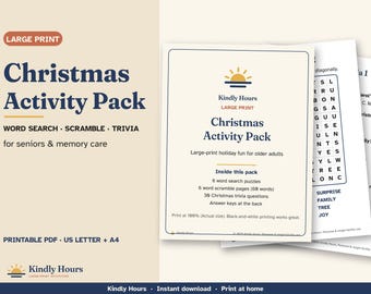 Activiteitenpakket met kerstthema in grote letters voor senioren: woordzoekers, woordpuzzels, quizzen, printbare vakantiespelletjes, geheugenondersteuning, PDF