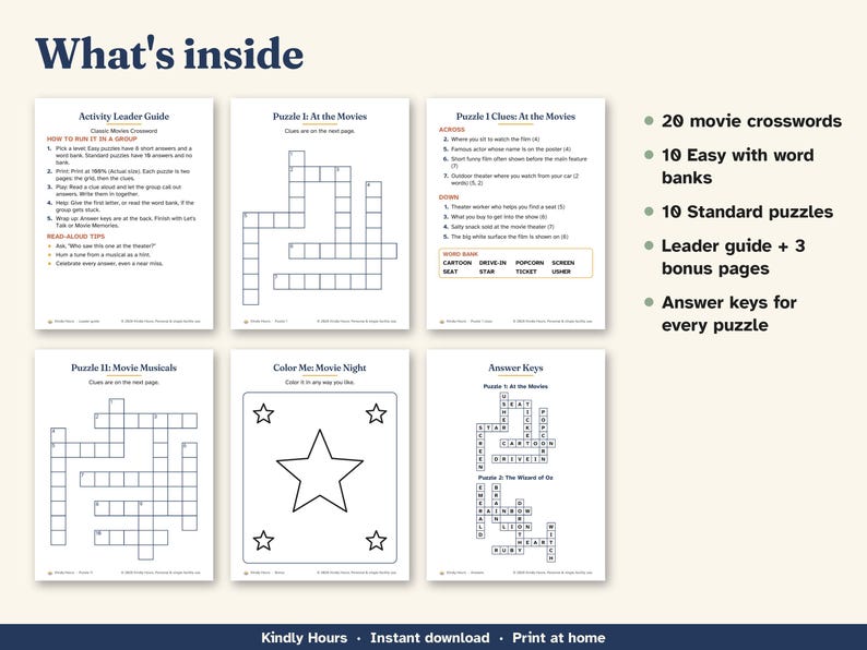 Large Print Classic Movies Crossword Puzzles for Seniors, 20 Printable Old Hollywood Crosswords, Memory Care, Assisted Living, PDF image 3