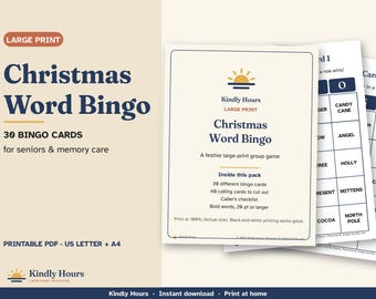 Kerstbingo in grote letters voor senioren, 30 printbare woordbingokaarten, spel voor een kerstfeest, activiteit voor mensen met dementie, woonzorgcentrum