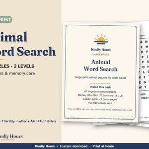 Large Print Word Search Printable, 45 Animal Puzzles for Seniors