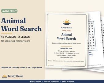 Large Print Word Search Printable, 45 Animal Puzzles for Seniors