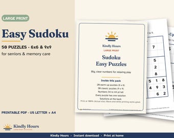 Sudoku in grote letters, makkelijk te maken voor senioren, 50 afdrukbare puzzels, 6x6 en 9x9, cijferpuzzels voor beginners, geheugenverzorging, begeleid wonen, PDF