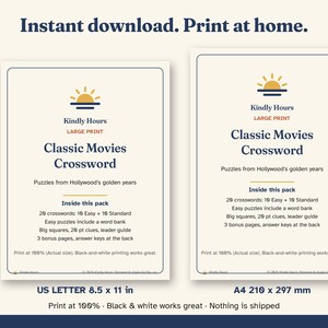Large Print Classic Movies Crossword Puzzles for Seniors, 20 Printable Old Hollywood Crosswords, Memory Care, Assisted Living, PDF image 5