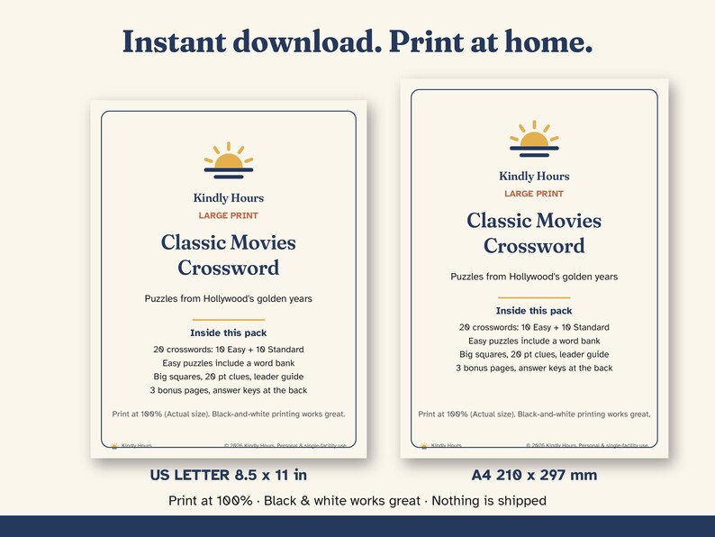 Large Print Classic Movies Crossword Puzzles for Seniors, 20 Printable Old Hollywood Crosswords, Memory Care, Assisted Living, PDF image 5