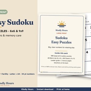 Large Print Easy Sudoku for Seniors, 100 Printable Puzzles, 6x6 and 9x9, Beginner Number Puzzles, Memory Care, Assisted Living, PDF immagine 1