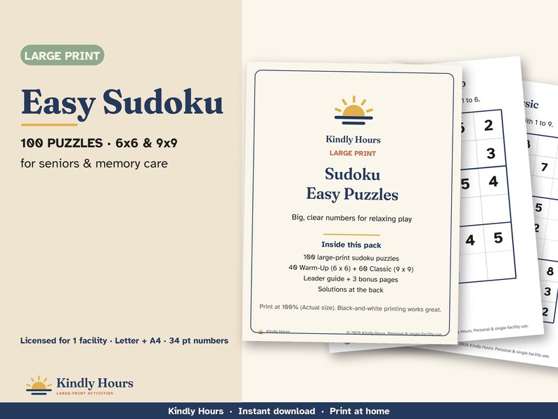 Large Print Easy Sudoku for Seniors, 100 Printable Puzzles, 6x6 and 9x9, Beginner Number Puzzles, Memory Care, Assisted Living, PDF immagine 1