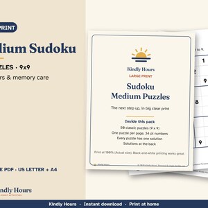 Large Print Medium Sudoku for Seniors, 50 Printable 9x9 Puzzles, One Per Page, Number Puzzles, Memory Care, Assisted Living, PDF