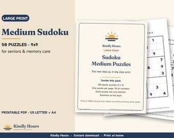 Sudoku in grote letters voor senioren, 50 afdrukbare puzzels van 9x9, één per pagina, cijferpuzzels, dementiezorg, begeleid wonen, PDF