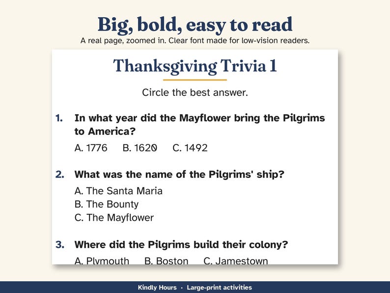 Large Print Thanksgiving Trivia for Seniors, True or False, Reminiscence Memory Cards, Printable Group Game, Memory Care, Assisted Living image 2