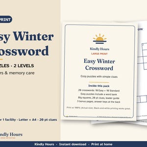 Easy Winter Crossword Puzzles for Seniors, 20 Large Print Puzzles