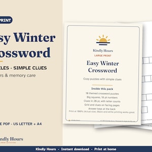 Easy Winter Crossword Puzzles for Seniors, 10 Large Print Puzzles