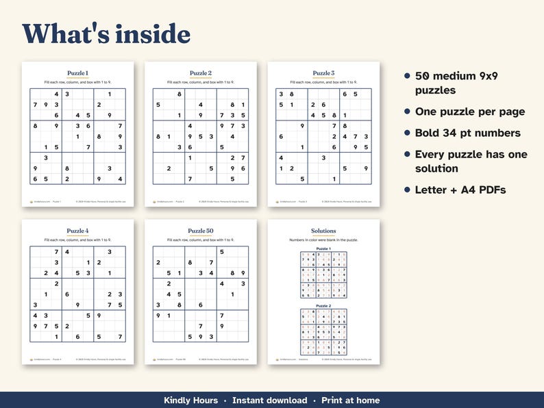 Large Print Medium Sudoku for Seniors, 50 Printable 9x9 Puzzles, One Per Page, Number Puzzles, Memory Care, Assisted Living, PDF image 3