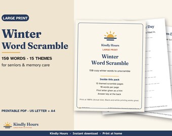 Woordpuzzel met grote letters over de winter voor senioren, 150 woorden, 15 printbare puzzels, sneeuw- en vakantiewoordspel, geheugenverzorging, begeleid wonen