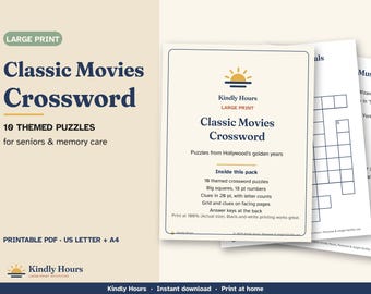 Kruiswoordpuzzels met klassieke films in grote letters voor senioren, 10 printbare kruiswoordpuzzels met thema's uit het oude Hollywood, geheugenverzorging, begeleid wonen, PDF
