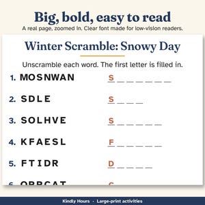 高齢者向け大判印刷冬の単語パズル、150語、印刷可能なパズル15個、雪とホリデーの単語ゲーム、認知症ケア、介護付き住宅 画像 2