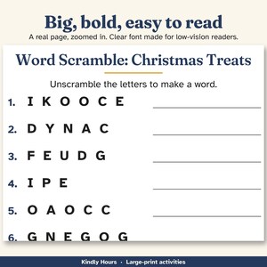 Paquete de actividades navideñas en letra grande para personas mayores: sopa de letras, crucigramas, trivias, juegos navideños imprimibles, cuidado de la memoria, PDF imagen 2