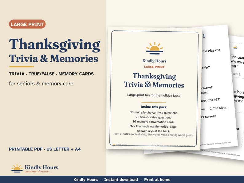 Large Print Thanksgiving Trivia for Seniors, True or False, Reminiscence Memory Cards, Printable Group Game, Memory Care, Assisted Living image 1
