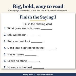 Gioco di completamento di frasi in caratteri grandi per anziani, 80 proverbi, gioco di parole stampabile, attività per la cura della memoria, attività di gruppo per case di riposo, PDF immagine 2