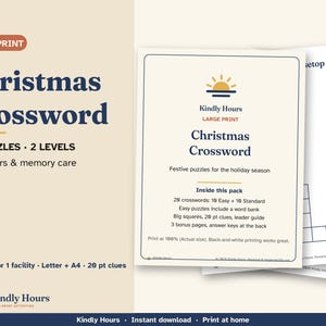 Large Print Christmas Crossword for Seniors, 20 Easy Printable Puzzles