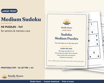 Sudoku di medie dimensioni a caratteri grandi per anziani, 50 puzzle stampabili 9x9, uno per pagina, puzzle numerici, assistenza per la memoria, residenze assistite, PDF