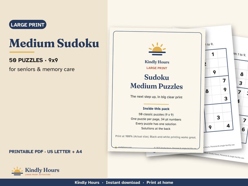 Large Print Medium Sudoku for Seniors, 50 Printable 9x9 Puzzles, One Per Page, Number Puzzles, Memory Care, Assisted Living, PDF image 1