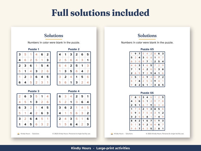 Large Print Easy Sudoku for Seniors, 100 Printable Puzzles, 6x6 and 9x9, Beginner Number Puzzles, Memory Care, Assisted Living, PDF immagine 4