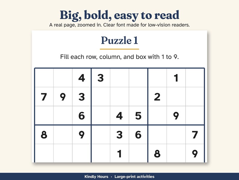 Large Print Medium Sudoku for Seniors, 50 Printable 9x9 Puzzles, One Per Page, Number Puzzles, Memory Care, Assisted Living, PDF image 2