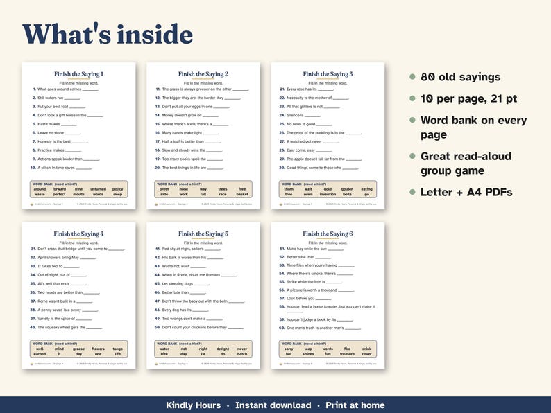 Gioco di completamento di frasi in caratteri grandi per anziani, 80 proverbi, gioco di parole stampabile, attività per la cura della memoria, attività di gruppo per case di riposo, PDF immagine 3