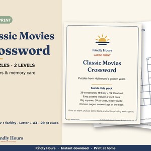 Large Print Classic Movies Crossword Puzzles for Seniors, 20 Printable Old Hollywood Crosswords, Memory Care, Assisted Living, PDF image 1