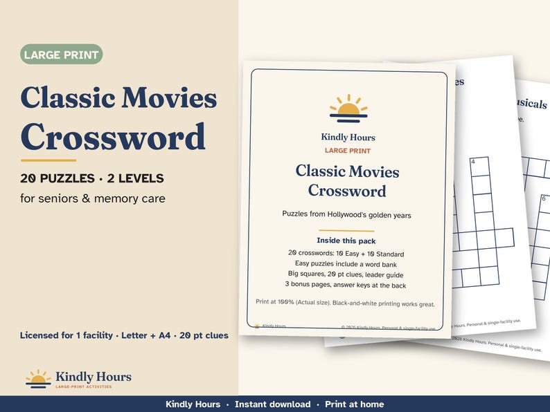 Large Print Classic Movies Crossword Puzzles for Seniors, 20 Printable Old Hollywood Crosswords, Memory Care, Assisted Living, PDF image 1