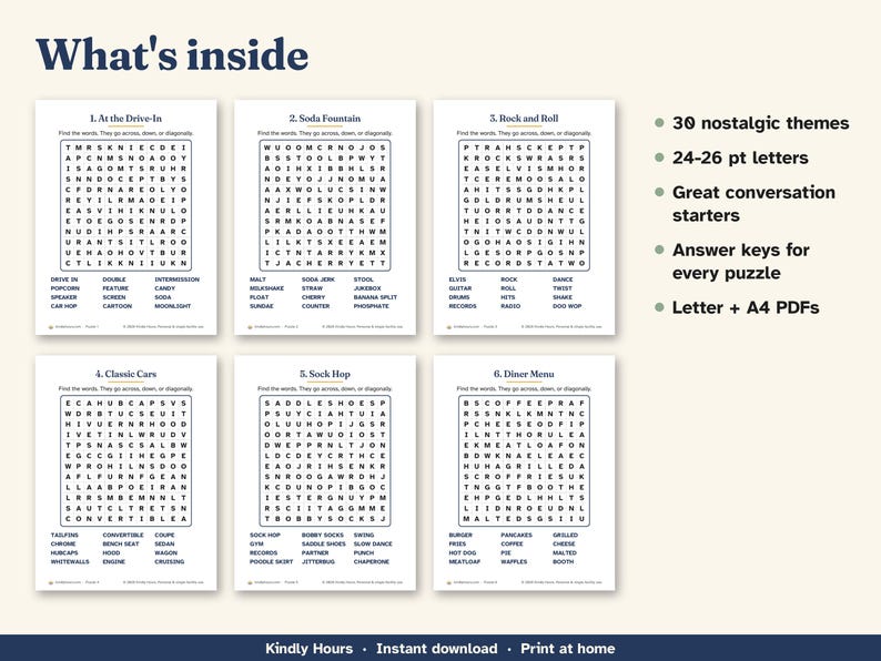 Large Print 1950s 60s Nostalgia Word Search for Seniors, 30 Printable Puzzles, Memory Care, Reminiscence Activity, Assisted Living image 3