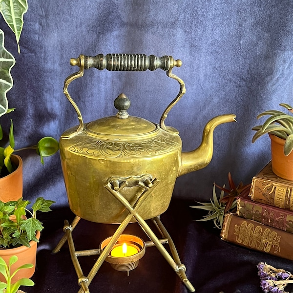 Théière Bouilloire Vintage En Laiton - Grande, élégante, Avec Support Et Brûleur, Portugal