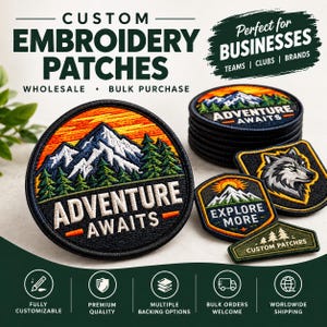 May include: A collection of circular, shield-shaped, and rectangular embroidered patches featuring mountain, forest, and wolf designs with text including "ADVENTURE AWAITS," "EXPLORE MORE," and "CUSTOM PATCHES" in various colors.